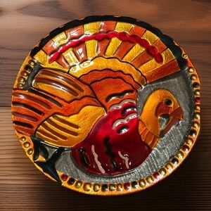 Lori Siebert Silvestri Fusion Glass Turkey Thanksgiving Plate Tag Attached 11"
